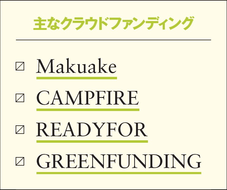 日本初のクラファンは2011年に立ち上がった「READYFOR」。施設や団体などのプロジェクトが多い。「CAMPFIRE」は新商品からエンタメ系まで幅広い。「Makuake」は新商品のプロジェクト多め。「GREENFUNDING」はガジェット系に強い。