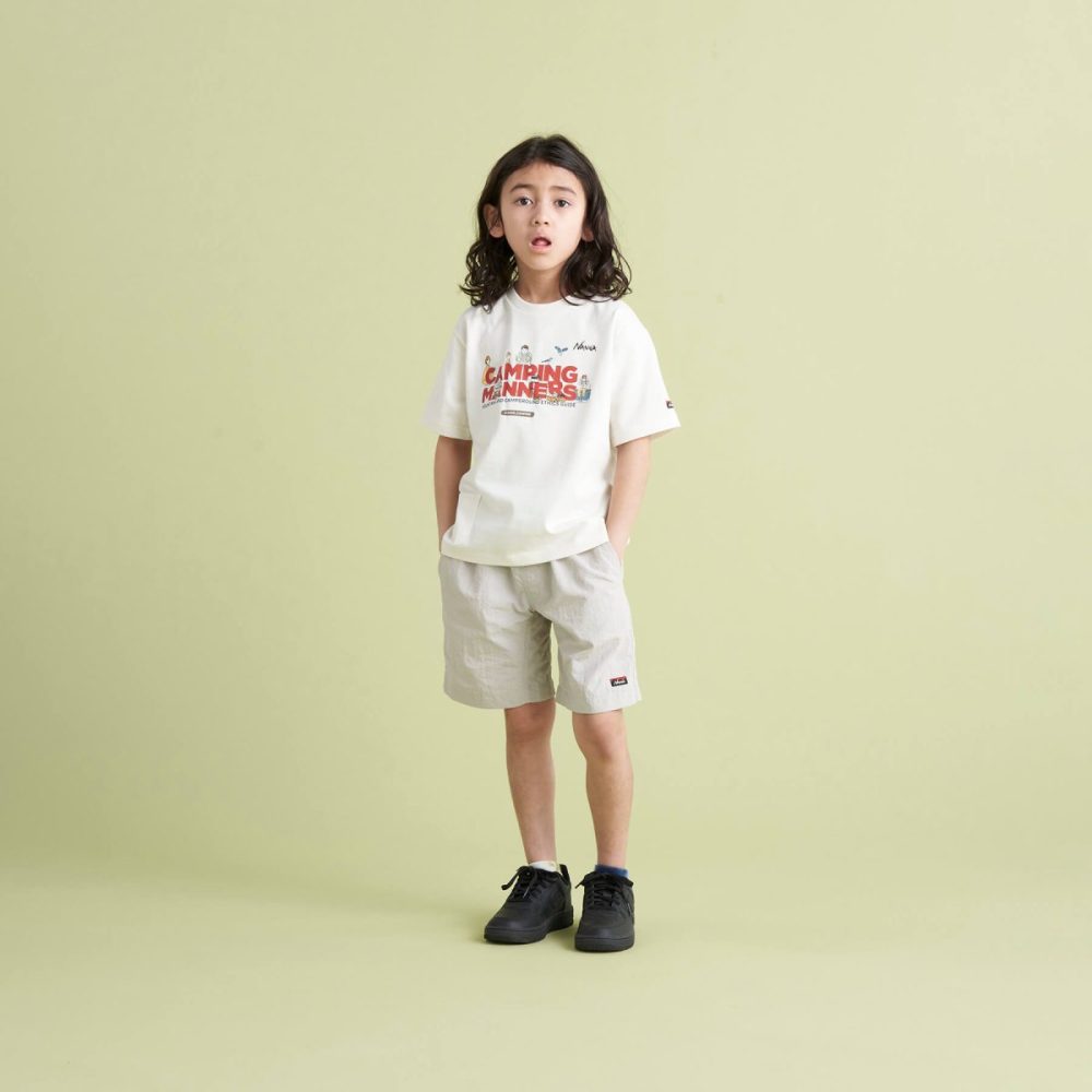 「ECO HYBRID CAMPING MANNERS PEG&ROPE KIDS TEE」￥4,400／4色展開（ブラック、ピンク、ホワイト、イエロー）