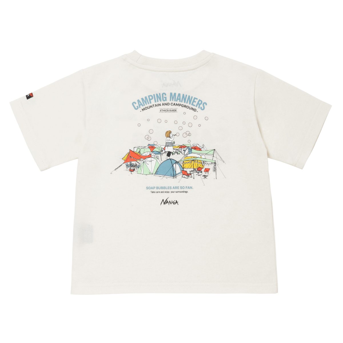 「ECO HYBRID CAMPING MANNERS SOAP BUBBLES KIDS TEE」￥4,400／ホワイト