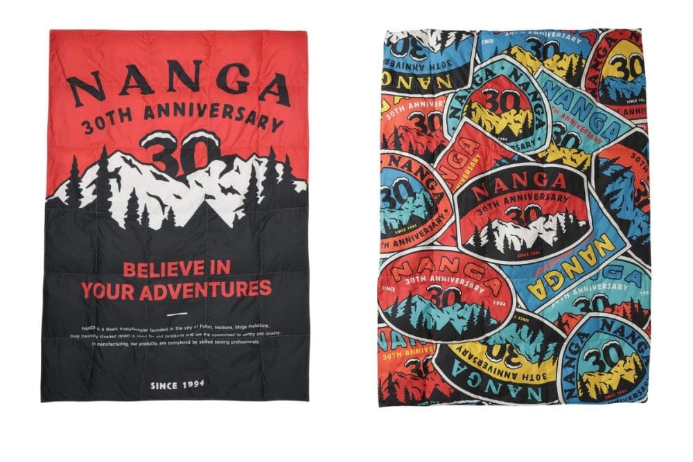 「NANGA 30TH ANNIVERSARY DOWN BLANKET SINGLE」各￥28,600／150×210㎝／2色展開（RED×BLK、MULTI）