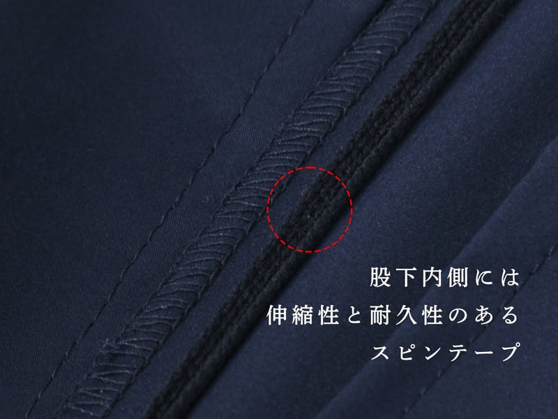 股下の内側には裂けないように「スピンテープ」と呼ばれる伸縮性のある紐を縫い合わせている