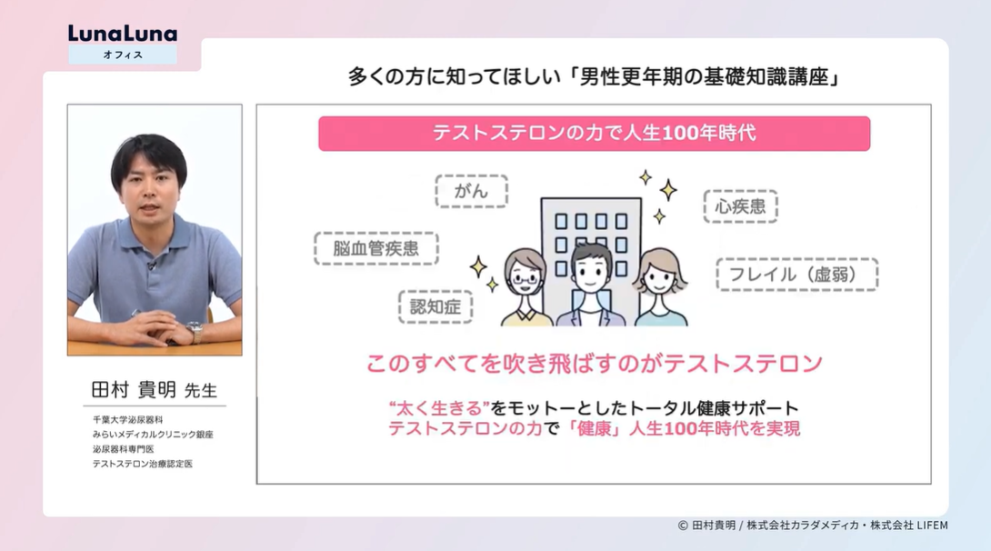 株式会社エムティーアイが運営する女性向け健康情報サイト『ルナルナ』の法人向けサービスが『ルナルナ オフィス』。株式会社エムティーアイと、そのグループ会社で産婦人科向けオンライン診療システム『ルナルナ オンライン診療』を運営する株式会社カラダメディカ、丸紅株式会社の合弁会社である株式会社LIFEM（ライフェム）が運営。今年から実証導入を開始したのが、男性更年期プログラム。