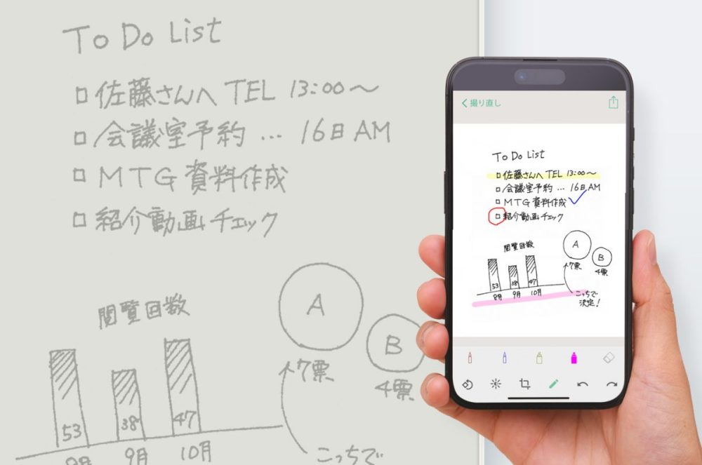 カイテ専用アプリを使えば、「カイテメモ」に書いた内容を、専用アプリでサッと撮影するだけで保存、共有が自由自在