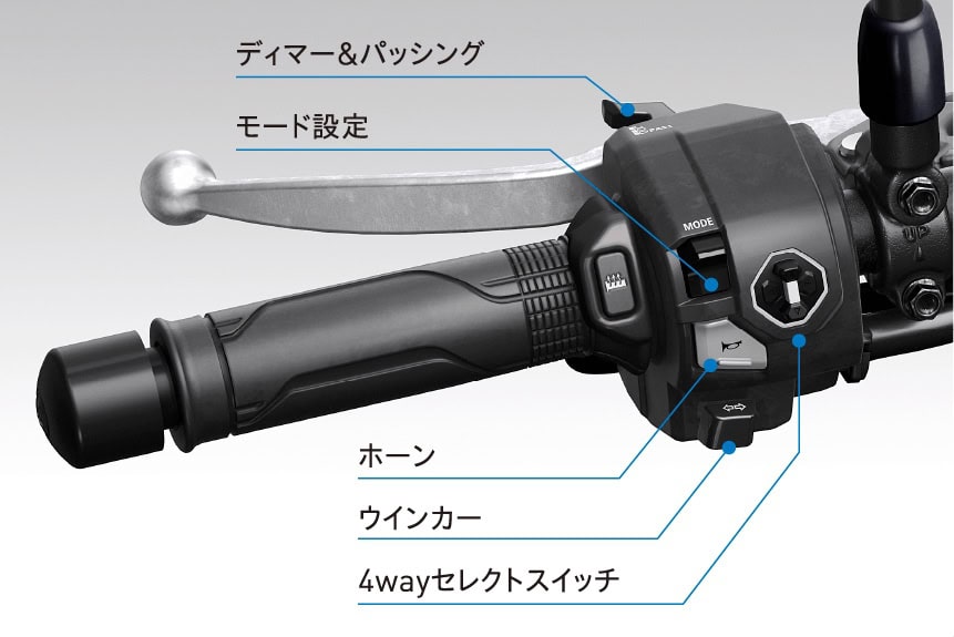 ハンドル左側に操作類を装備、直感的な操作がおこなえるマルチファンクションスイッチ（LEDイルミネーション採用）がポイント