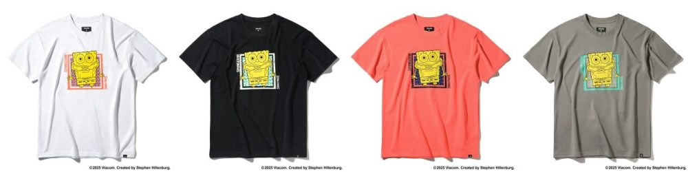 スポルディング「Tシャツ スポンジ・ボブ チェッカーフラッグ」各￥5,390／４色展開（ホワイト、ブラック、コーラル、ストーン）