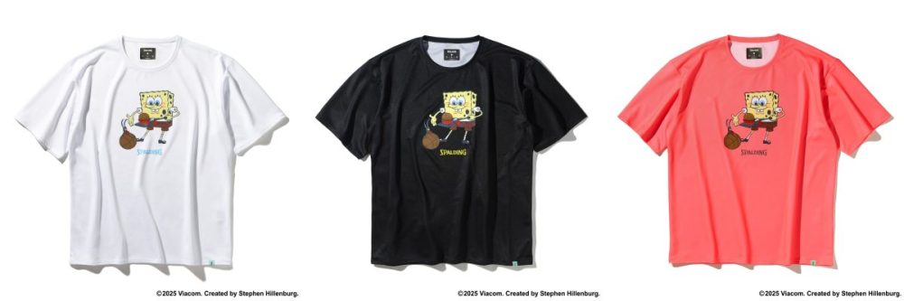 スポルディング「Tシャツ スポンジ・ボブ クラビーパーティ」各￥5,390／3色展開（ホワイト、ブラック、コーラル）