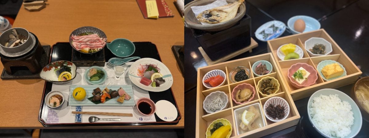 夜は部屋食で堪能できる懐石料理に、翌朝は地元農家から仕入れた体に優しい和定食。