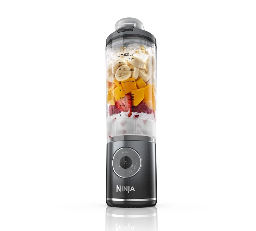 ニンジャ「ブラストマックス コードレスミキサー」￥14,960／高さ310×幅91×奥行116㎜／約1110ｇ（本体にフタ、ボトル装着時）／クールグレイ