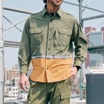 ミズノワーキングエヌ「ストレッチバイカラーシャツ」￥20,900／2色展開（チャコールグレー×ブルー、カーキ×オレンジ）