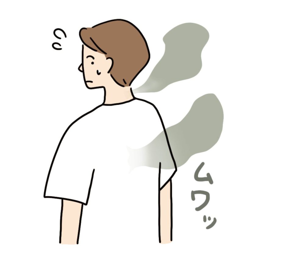 ① 汗・皮脂由来 対策法 ⇒「汗をかいたら濡れたタオルで拭く。朝風呂も◎」