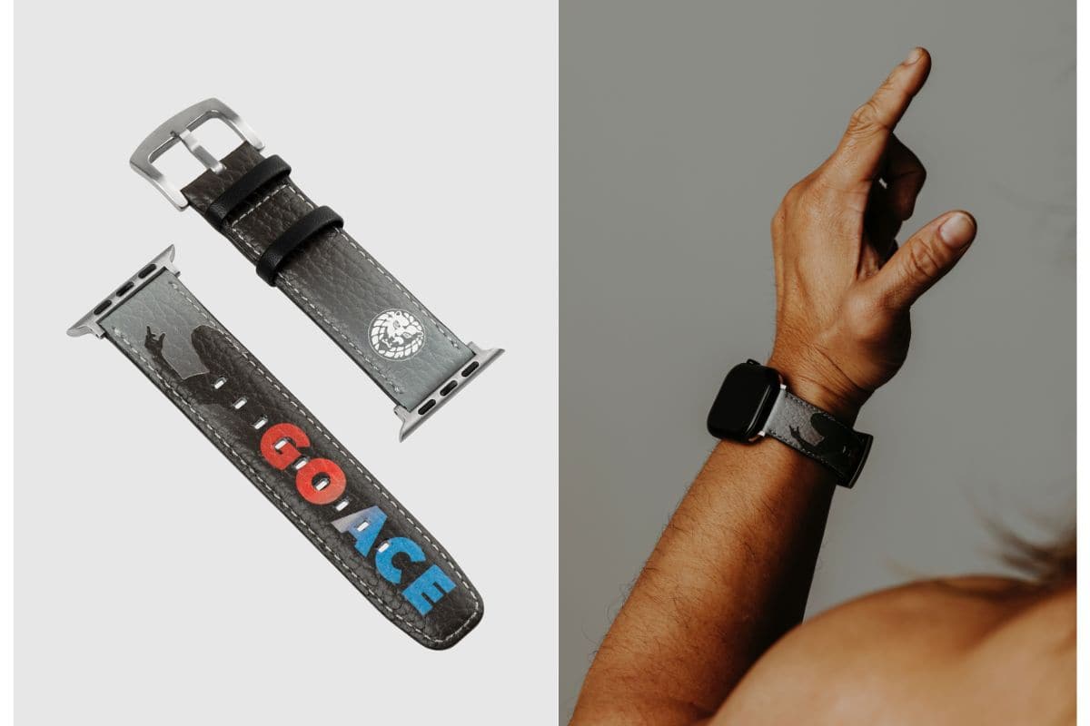 TSUCHIYA KABAN「新日本プロレス 棚橋弘至選手コラボ レザーウォッチバンド Apple Watch用 L/S」￥22,000／（Lサイズ）手首周り=約14.0～19.5㎝対応、ベルト幅＝2.2㎝、9段階調節／（Sサイズ）手首周り=約13.0～18.5cm対応、ベルト幅＝2.2㎝、9段階調節