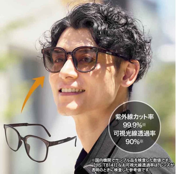 モノマックス2025年9月号 特別付録は「グリップスワニー　ケース付き 折りたたみ式調光サングラス」！ 紫外線を受けるとレンズの色が変化。紫外線カット率は99.9％