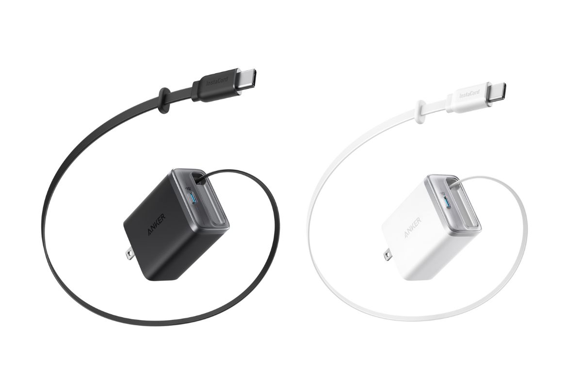 アンカー「Anker Nano Charger（35W, Built-In 巻取り式 USB-Cケーブル）」各￥4,990／約61×48×30㎜（プラグと端⼦部を除く）／約110ｇ／2色展開（ホワイト、ブラック）※ホワイトは順次発売予定
