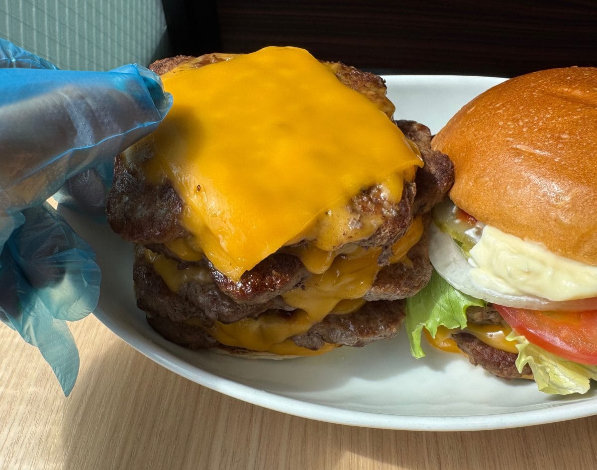 お皿に盛られているとバーガー感がないので、ハンバーガーらしく重ねてみました