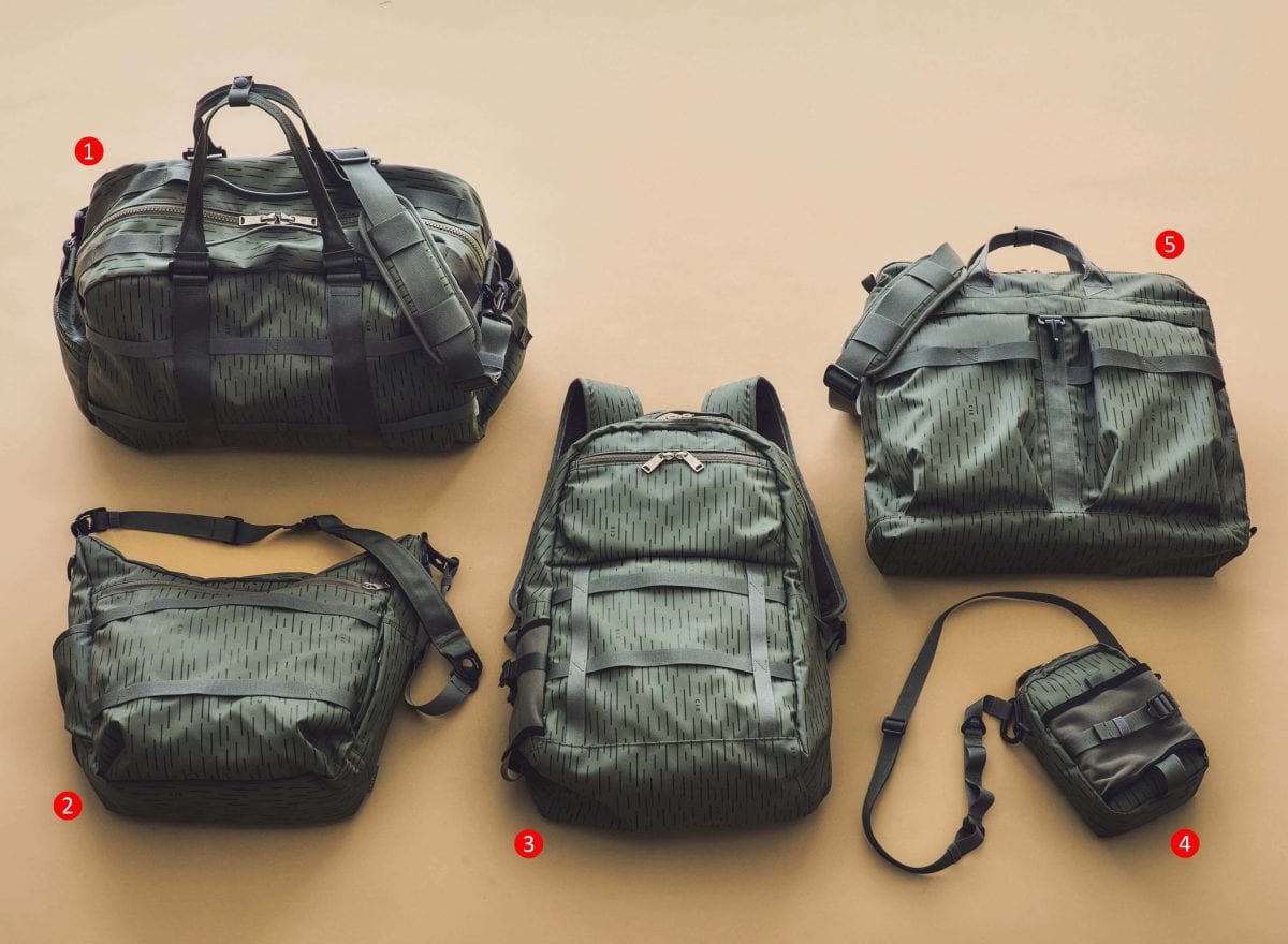 CIE レインカモシリーズ ① ダッフルバッグ　￥35,750　② ショルダーバッグ　￥17,600　③ バックパック　￥30,800　④ ボトルミニショルダーバッグ　￥11,000　⑤ ヘルメットバッグ　￥33,000