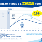 森永製菓が実施した実証実験では、氷菓（アイスボックス）を摂取した場合、常温水に比べて温度上昇が平均0.36度低い結果に