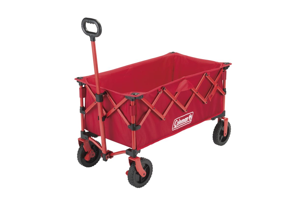 コールマン「アウトドアワゴンNX（レッド）」￥15,800／使用時約104×51×98（h）㎝、収納時約26×40×62（h）㎝、 荷台約83×42×33（h）㎝／耐荷重100㎏／重量約9.3㎏
