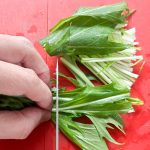 水菜を食べやすい長さ、4〜5センチくらいの長さにカット