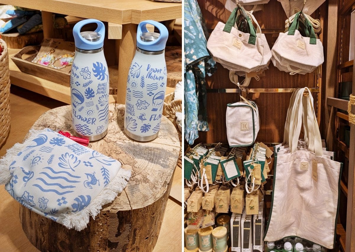 普段使いできるシンプルなトートバッグや肩掛けバッグ(ともに3,500円)、ブルーのイラストをあしらった水筒(3,300円)やポーチ(2,900円)