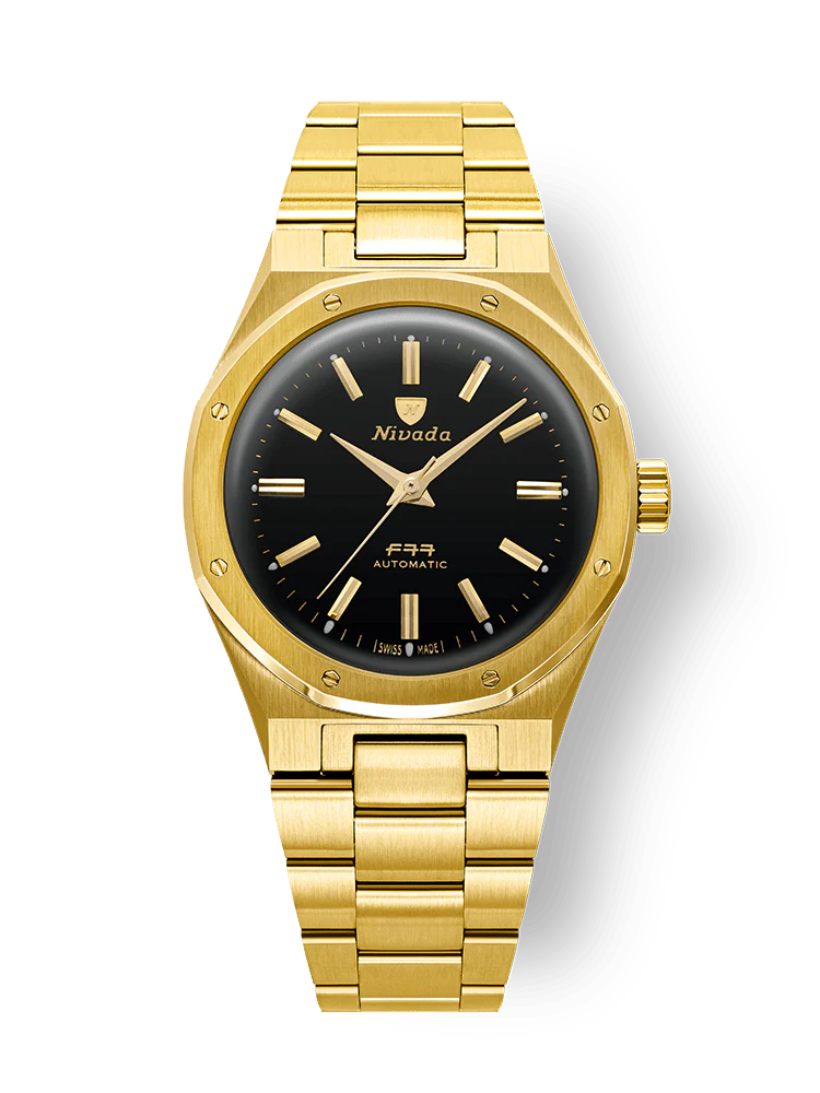 ニバダ・グレンヒェン「F77 Mark Ⅱ Gold Edition」￥324,500／自動巻／38㎜径／パワーリザーブは約38時間／10気圧防水