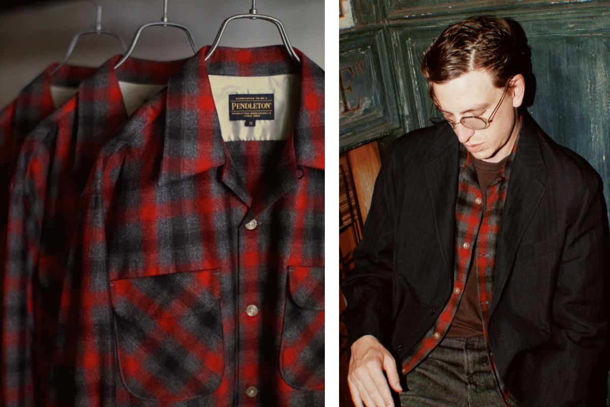 70年代のペンドルトンのオープンカラーシャツにみられる大ぶりの襟や、ストレートカットの裾、フラップポケットなど、定番のデザインはそのままに仕上げている