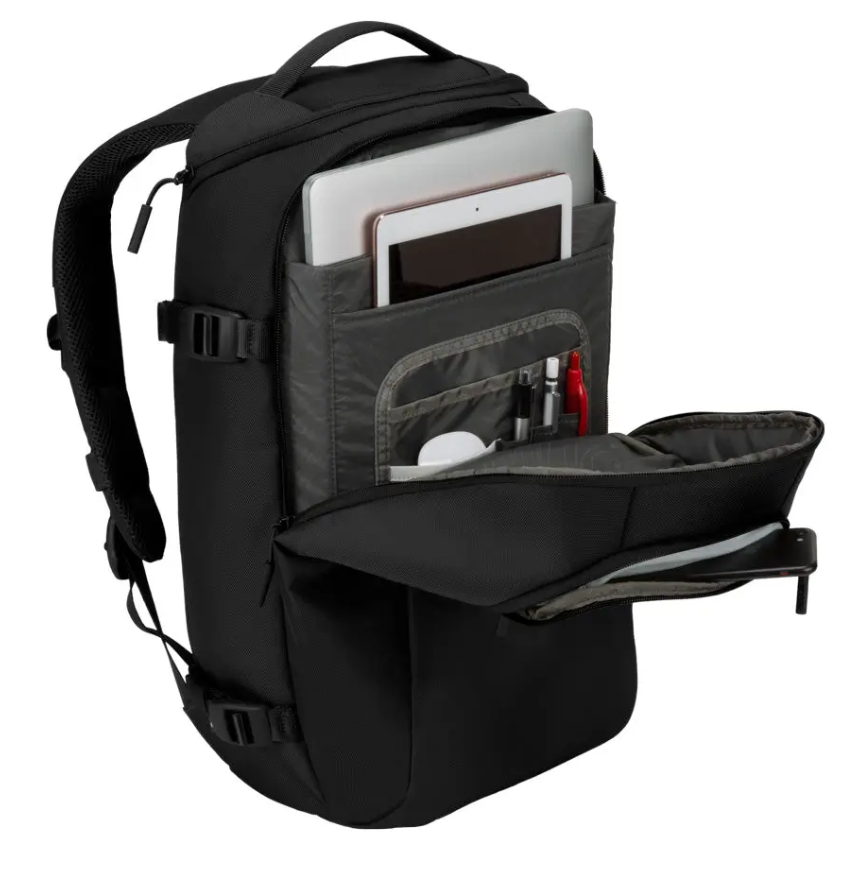 サブコンパートメントには、16インチのMacBook ProやiPad、小物の収納に。マチがあるので着替えなども入る