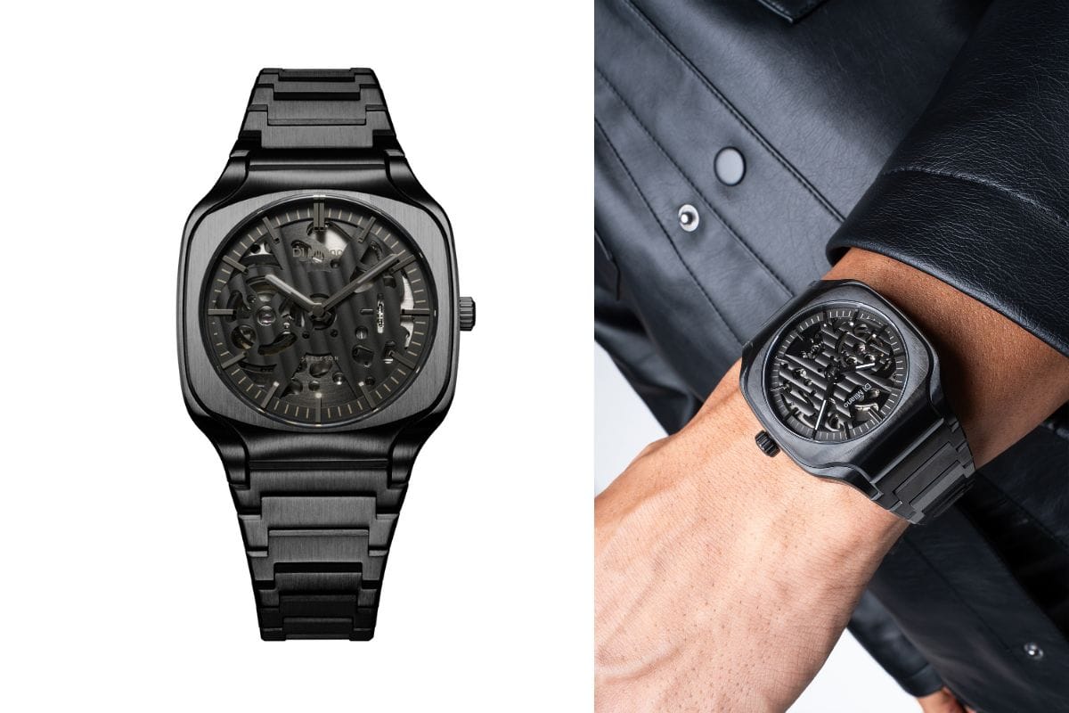 D1ミラノ「スクエアスケルトン」￥137,500／自動巻／37㎜径／パワーリザーブは約42時間／5気圧防水