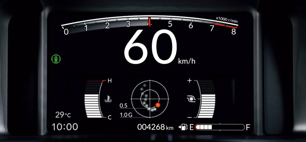RS専用表示の7インチTFT液晶メーター。タコメーター、シフトインジケーター、Gメーターを装備