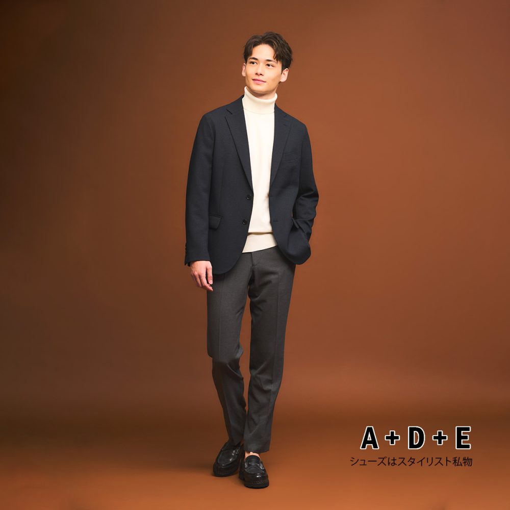 キレイめのタートルネックでドレッシーなジャケパンスタイルに