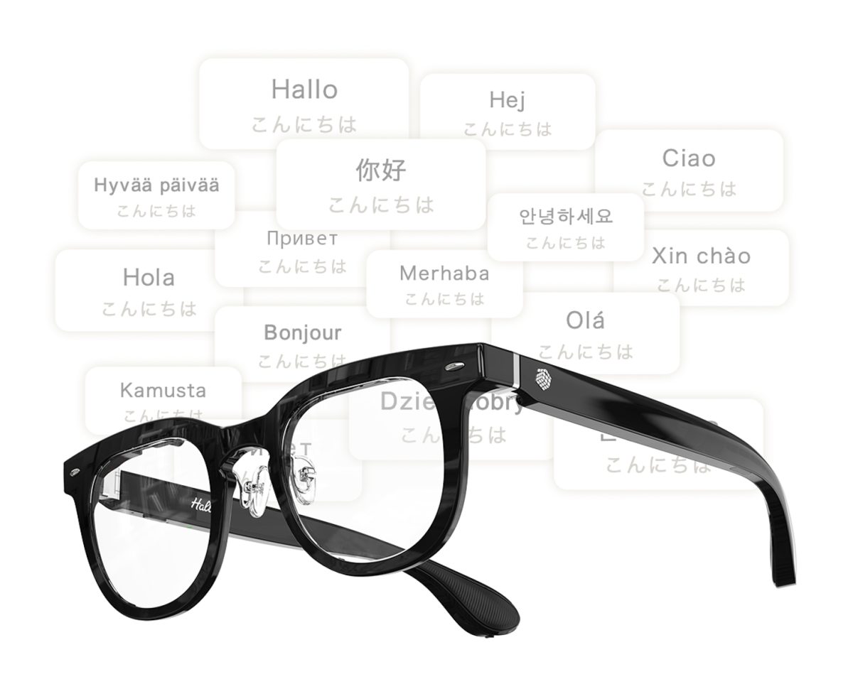 メガネをかけただけで英語、フランス語、中国語、ドイツ語をはじめ40言語以上の言語をリアルタイム翻訳し、その場で自然に理解