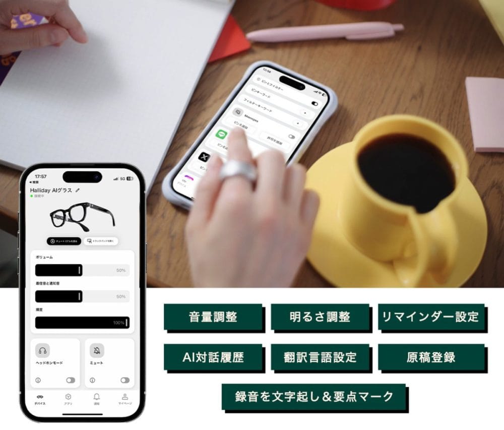 翻訳だけでなく、スケジュールの通知、プレゼン支援、議事録作成をサポート。メガネ内部に情報を映し出し、他人には気づかれず、AIによるあらゆる情報を先読み