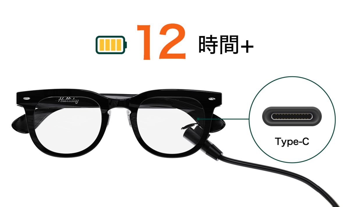 充電は一般的なUSB-Cポートで完了。フル充電で12時間駆動し日常生活をシームレスにサポート