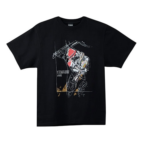 YZM400Fは、ヤマハ発動機初の4ストロークエンジンを搭載したモトクロス用ファクトリーマシンの特徴的な排気レイアウトを縦構図で書き下ろす