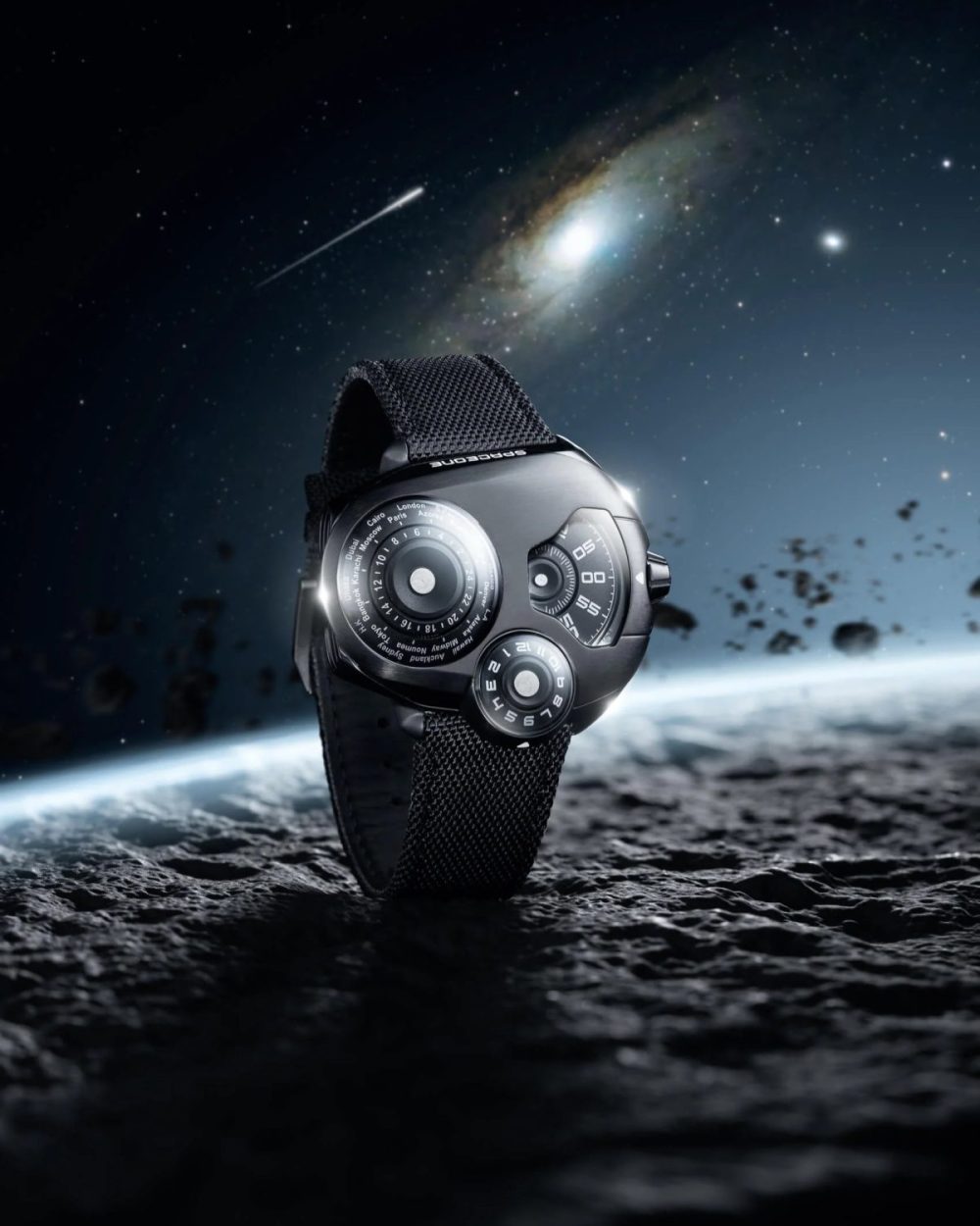 スペースワン「ワールドタイマー」￥539,000／52.7× 41.9㎜／3気圧防水／パワーリザーブは 38時間／3色展開／世界限定200本