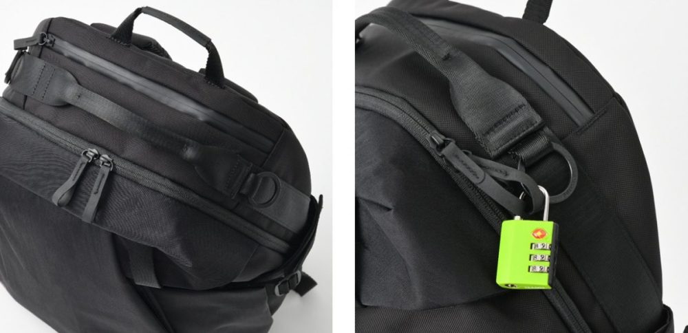 ファスナー引手と丸カンを隣接させ、パドロック（南京錠）での施錠が可能