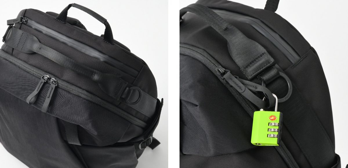 ファスナー引手と丸カンを隣接させ、パドロック（南京錠）での施錠が可能