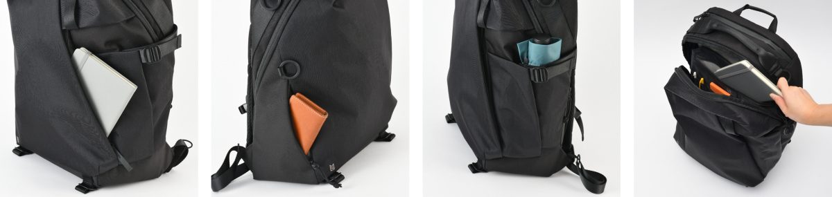 表側に5個、背面に1個、内装には15インチのノートPCが収納できるスリーブポケットを含め7個を配置