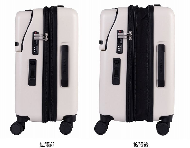 旅先で荷物が増えてもファスナーを開くだけで容量が増える「拡張ファスナー」搭載。 マチ幅が約5cm広がることにより容量を確保