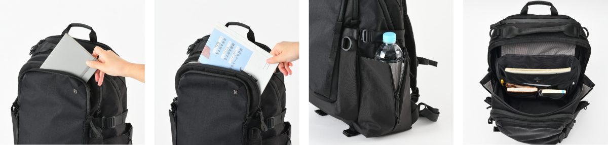 表側に6個、背面に1個、内装には15インチのノートPCが収納できるスリーブポケットを含め5個を配置。 大きめサイズを含む12個の多機能ポケットを搭載。