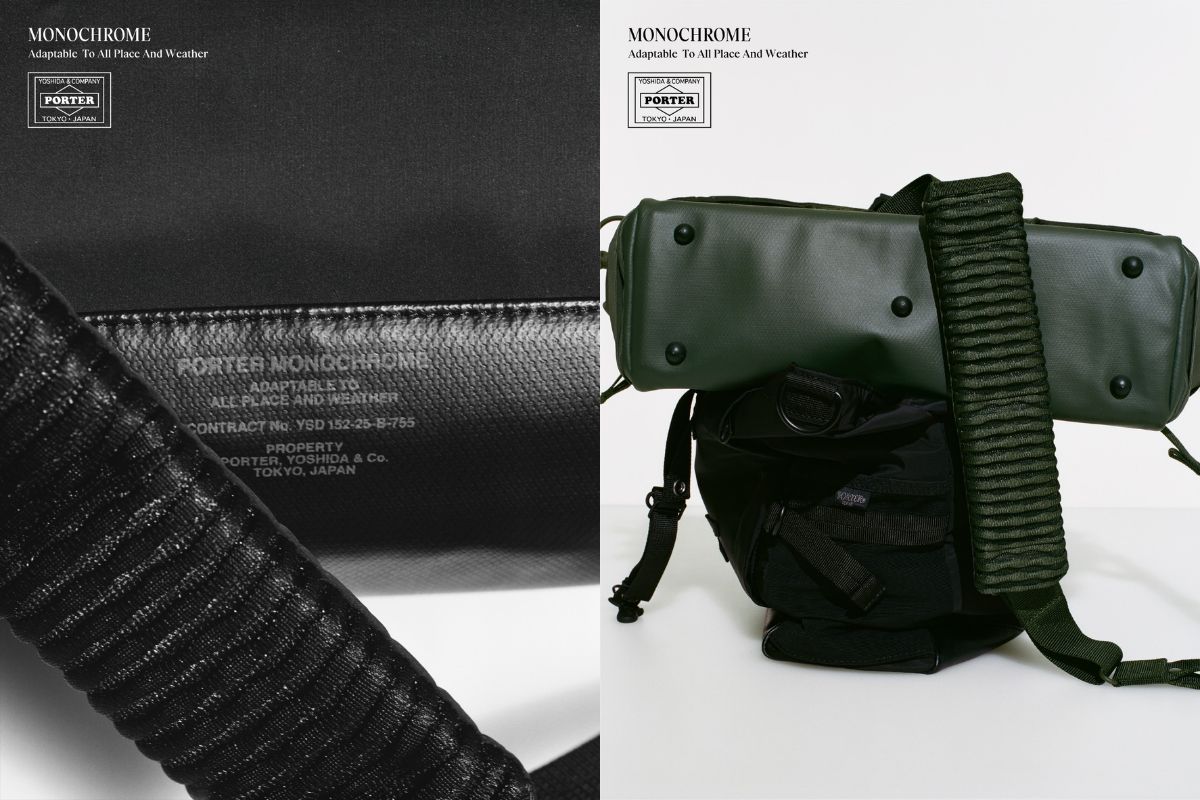 PORTER MONOCHROMEの機能詳細図:防水素材と背面構造