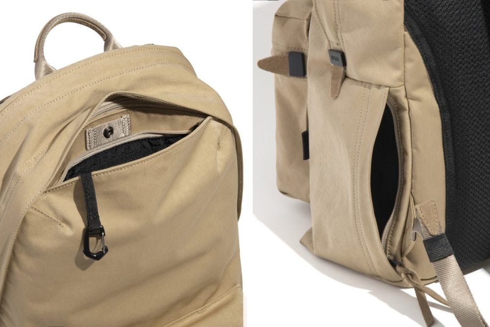 フロント上部には外から見えにくいトップポケット、両サイドにはスマホやパスケースの出し入れに適したオープンポケットとファスナーポケットを配置