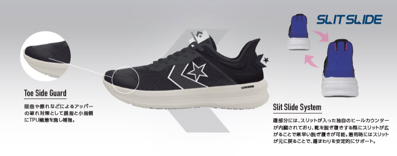 「スリットスライド」は、かかと部分に切れ目を入れたブランド独自の成型カウンターを採用。靴を履く際には、後方へ傾斜した上端部分のデザインによって、手を使わずにスムーズな着用が可能に