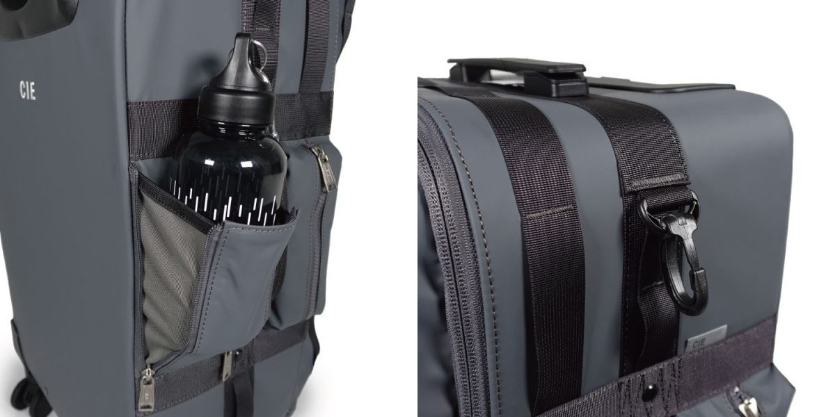 側面には収納式ボトルポケットや小物用ファスナーポケットを装備