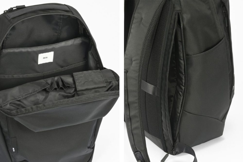 メイン気室に、ペン差し、メッシュポケット、ファスナーポケット、フラップ付きポケット、ボトルホルダーを装備