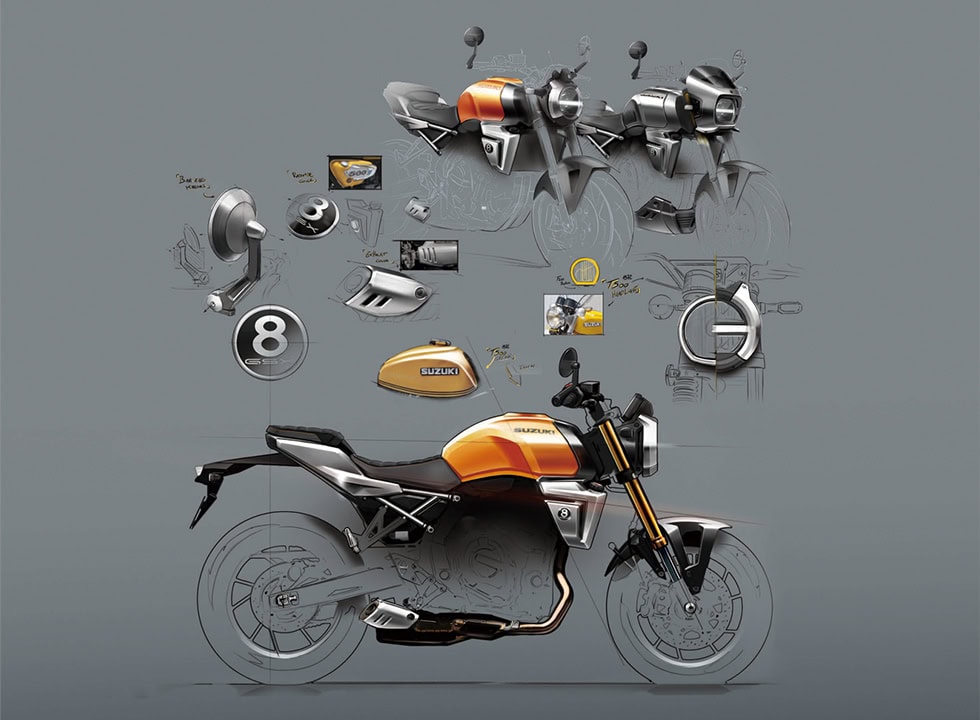 GSX–8Tは、スズキの名車「T500」から着想を得て、クラシックなモチーフを現代の視点で見直し、より魅力的で個性的なスタイリングに仕上げられたストリートモデル