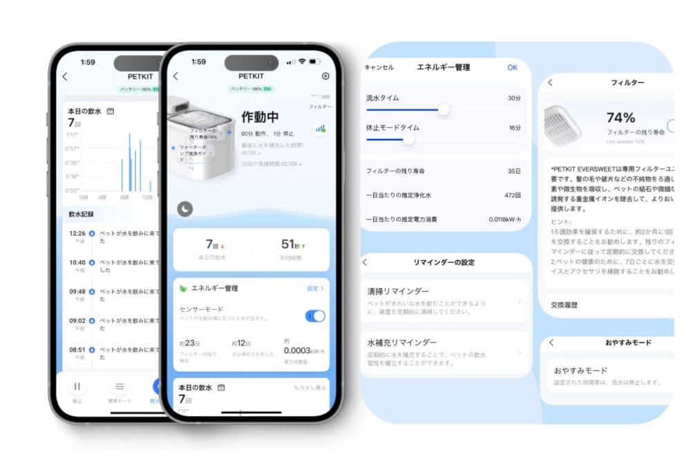 Bluetoothでアプリと本体を接続することで、給水モードの設定やフィルター使用状況の確認が可能