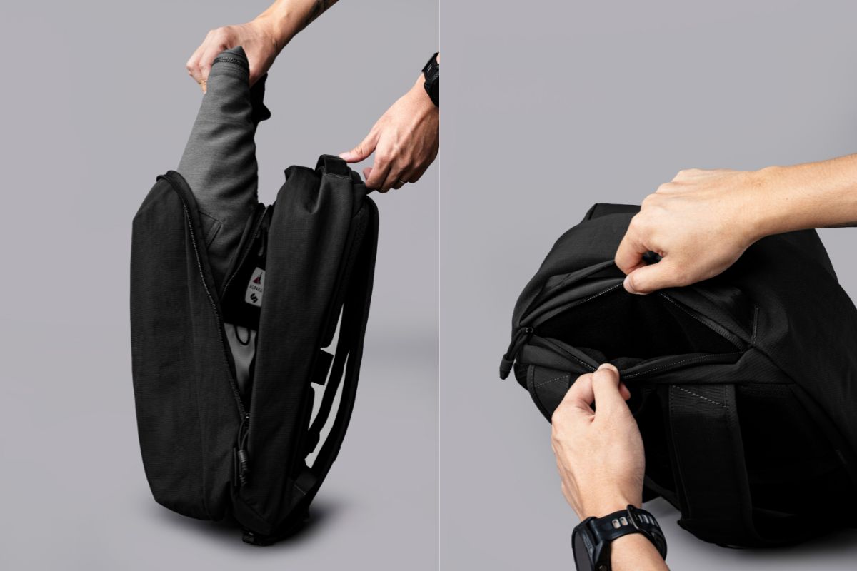 自立する立体フォルム、引手を4つにするギミックにより、3辺からアクセス可能なメインコンパートメント、16インチPC対応スリーブなど、機能性と美しさを高次元で両立