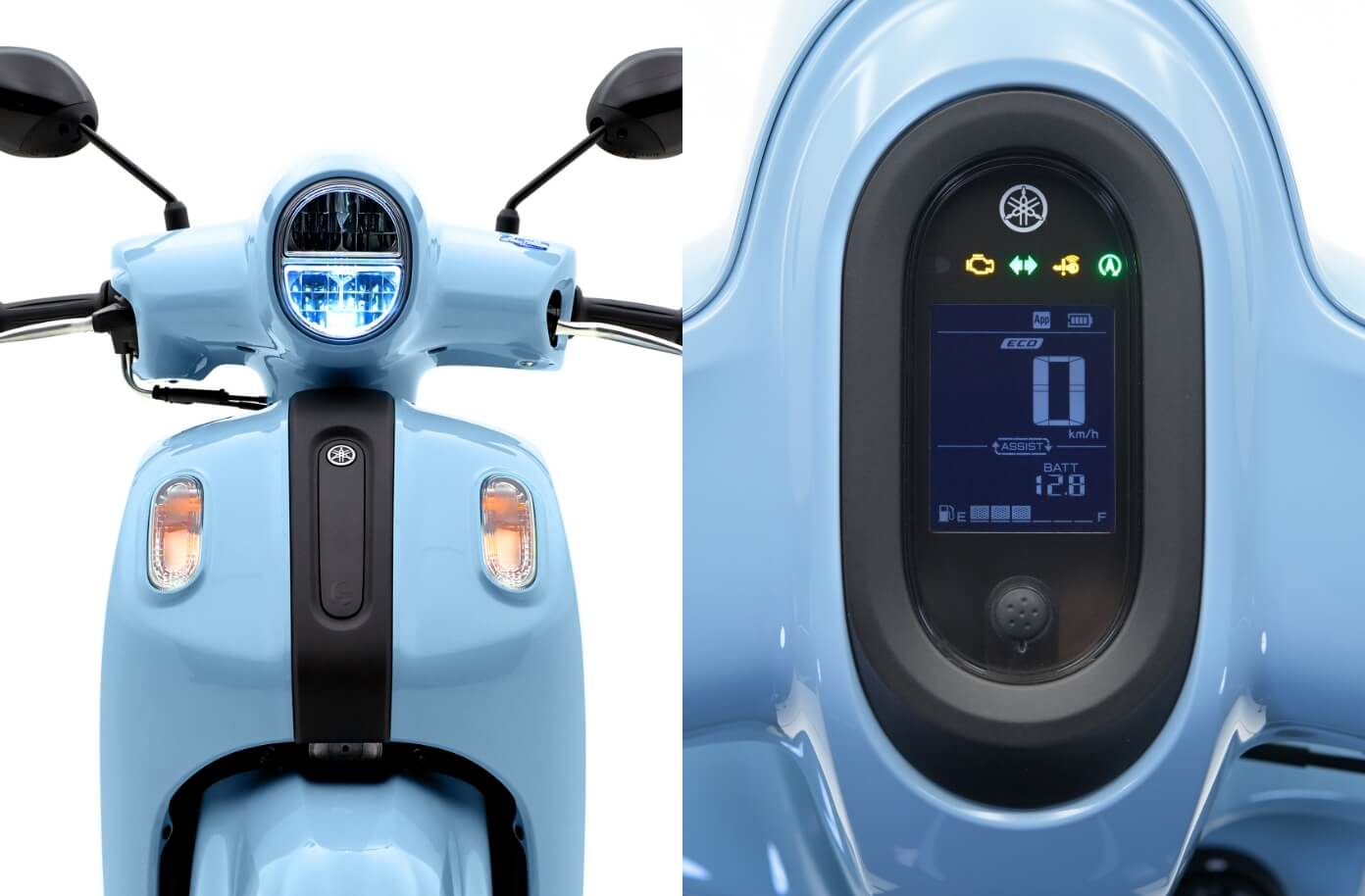 各部のディテールをオーバル(楕円)モチーフで統一し、一目で「Fazzio」と認識できる象徴的なアイコンとしている(ヘッドライト、メーター)