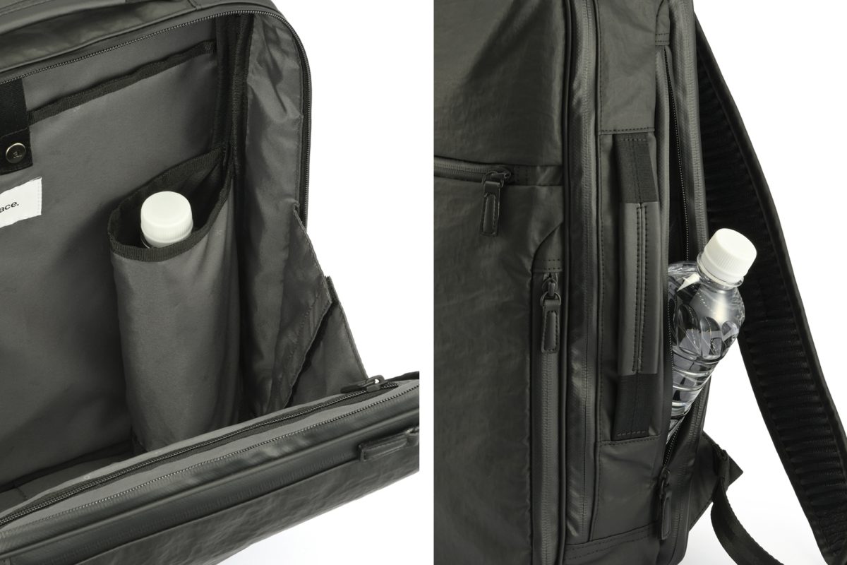 本体気室と側面ファスナーの双方からアクセスできる「2WAYスルーポケット」を配置。内側に速乾メッシュを使用