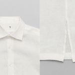 襟はセミワイド、シルエットはボックス型。深めのサイドスリットに加え、背面にはダーツを入れず、ストンと落ちるフォルムに